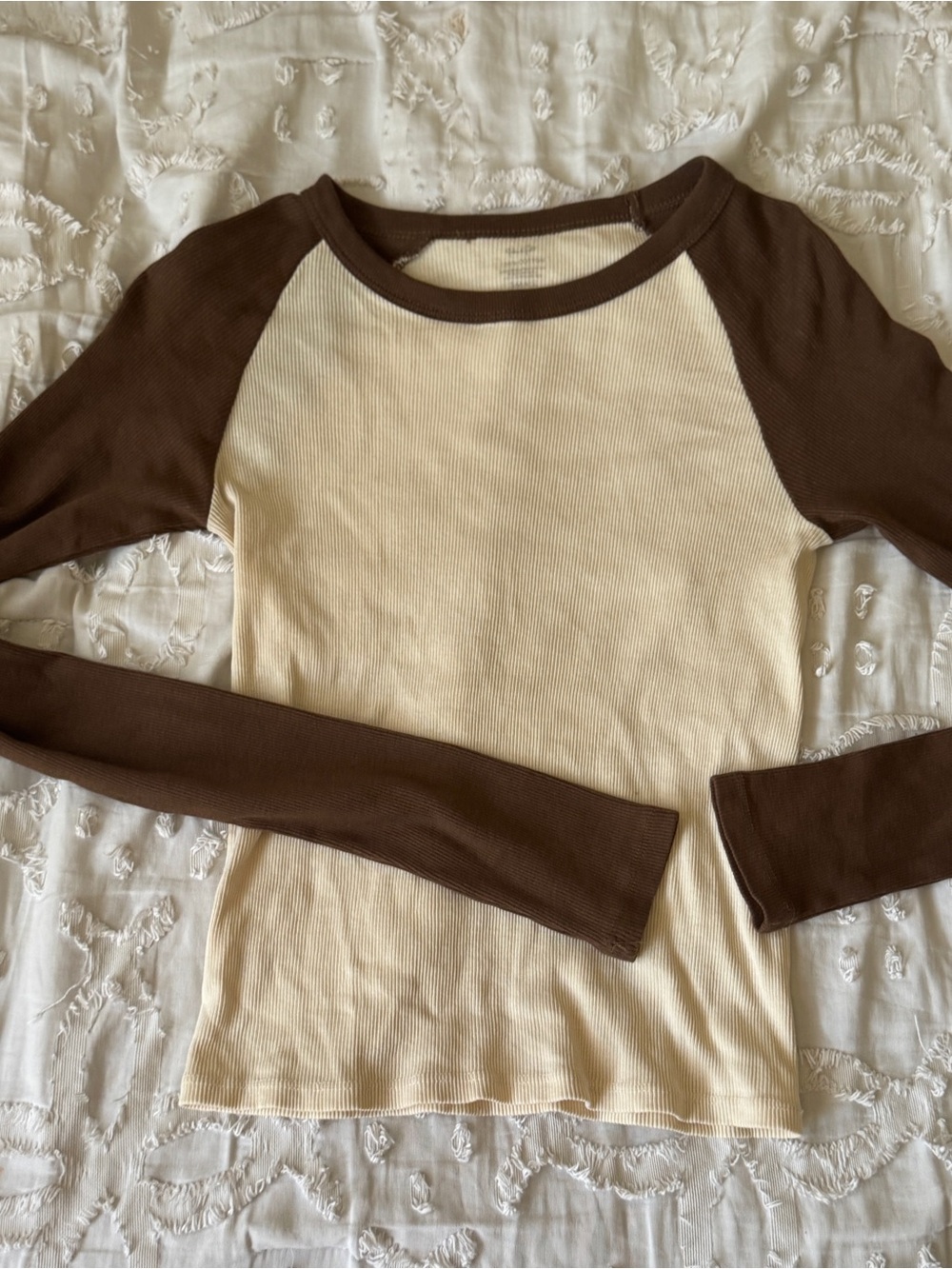 Ribbed Cream John Gault Long Sleeve Top with Brown Sleeves S